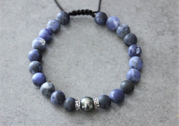 Bracelet perles sodalite, perle de tahiti et argent massif