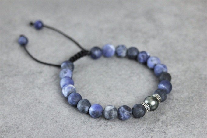 Bracelet perles sodalite, perle de tahiti et argent massif