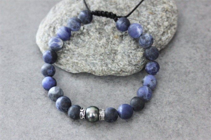 Bracelet perles sodalite, perle de tahiti et argent massif