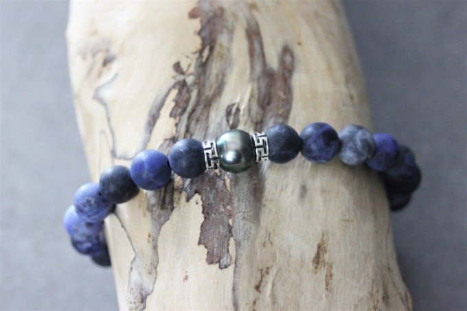 Bracelet perles sodalite, perle de tahiti et argent massif