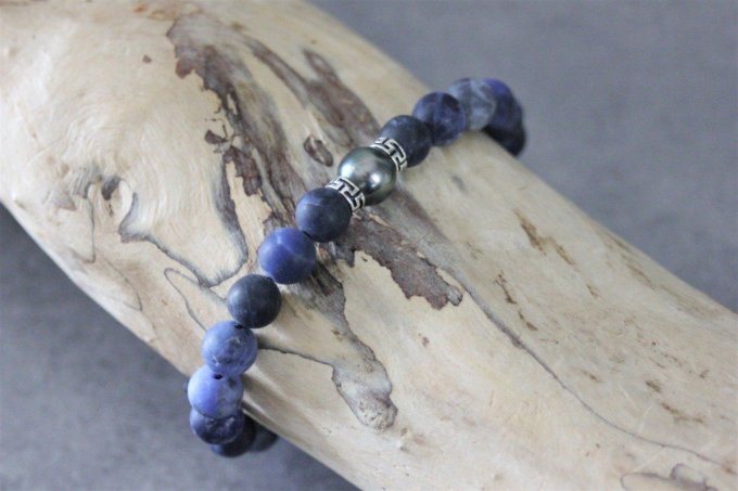Bracelet perles sodalite, perle de tahiti et argent massif
