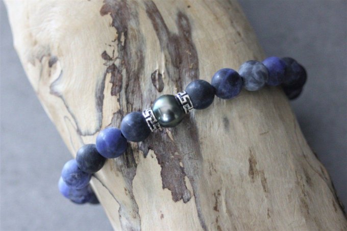 Bracelet perles sodalite, perle de tahiti et argent massif