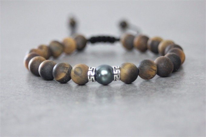 Bracelet perles oeil de tigre mat, perle de tahiti et argent massif
