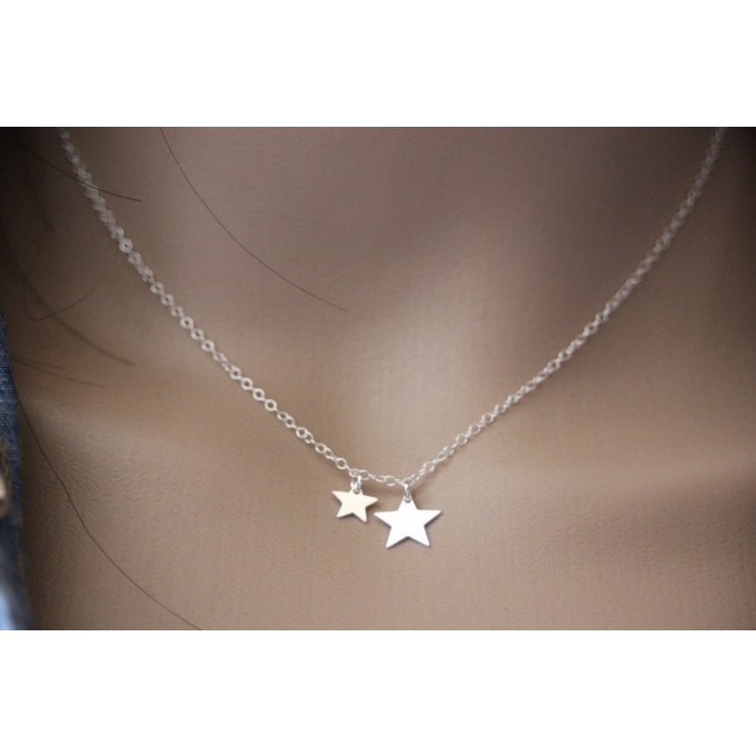 Collier ras du cou en argent massif 2 étoiles