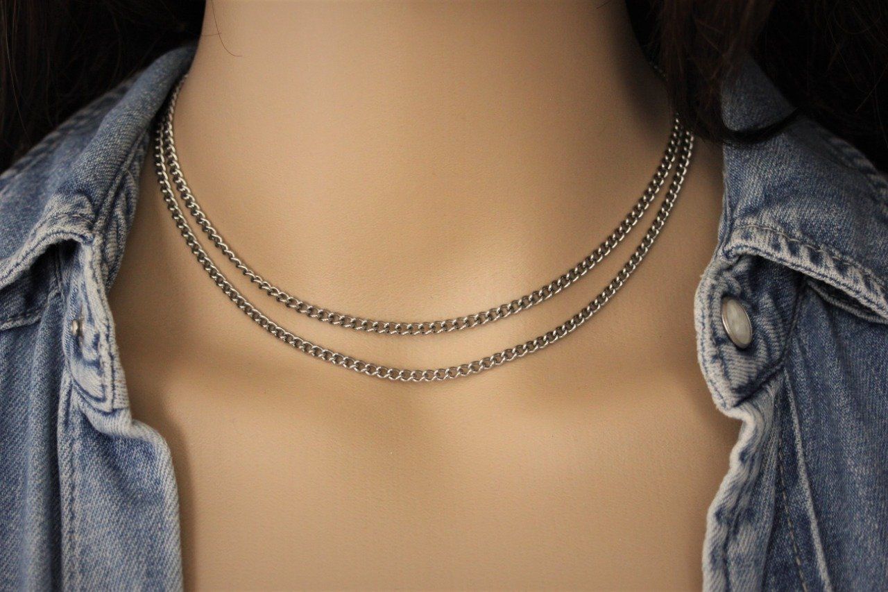 Collier acier inoxydable multi-rangs 2 chaines maille gourmette
