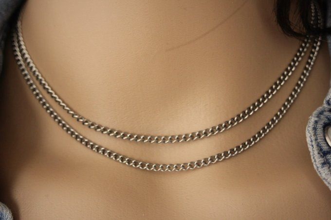 Collier acier inoxydable multi-rangs 2 chaines maille gourmette