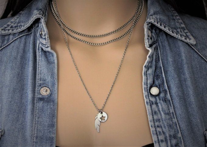 Collier acier inoxydable pendentif plume et médaille étoile