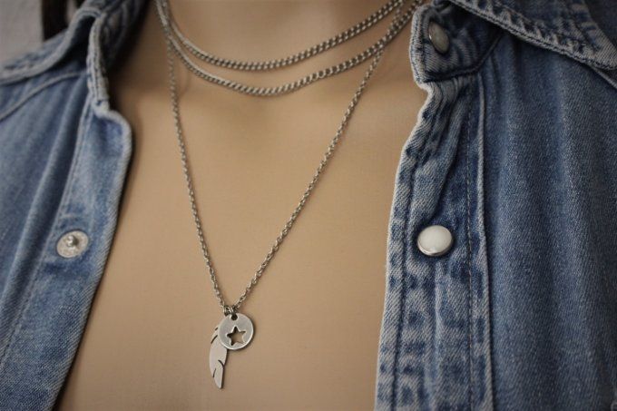 Collier acier inoxydable pendentif plume et médaille étoile