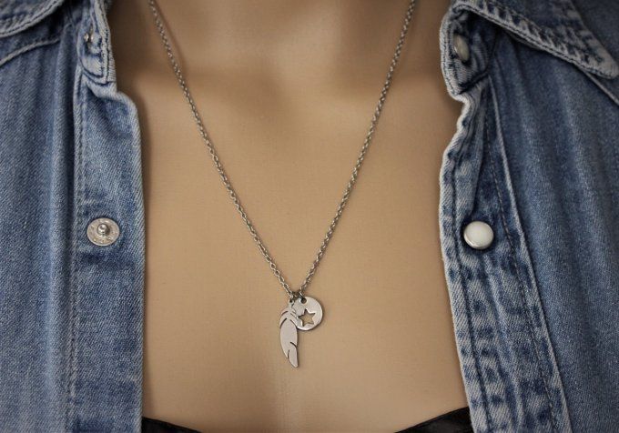 Collier acier inoxydable pendentif plume et médaille étoile