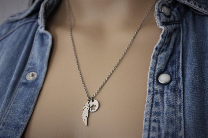 Collier acier inoxydable pendentif plume et médaille étoile