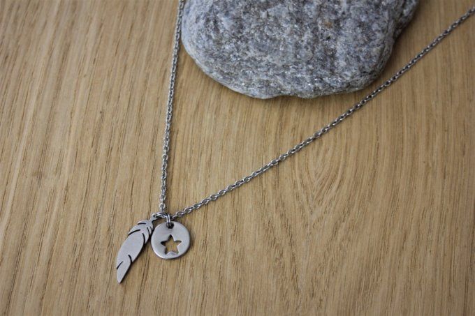 Collier acier inoxydable pendentif plume et médaille étoile