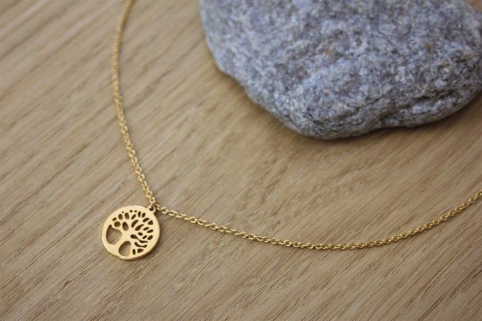 Collier acier inoxydable doré pendentif arbre de vie