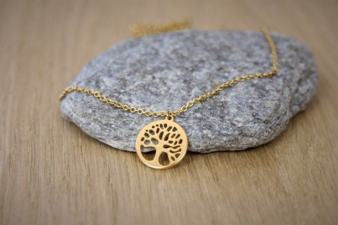 Collier acier inoxydable doré pendentif arbre de vie