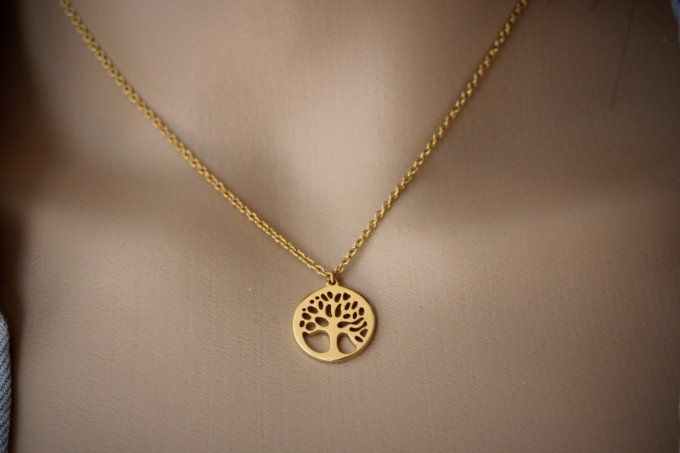 Collier acier inoxydable doré pendentif arbre de vie