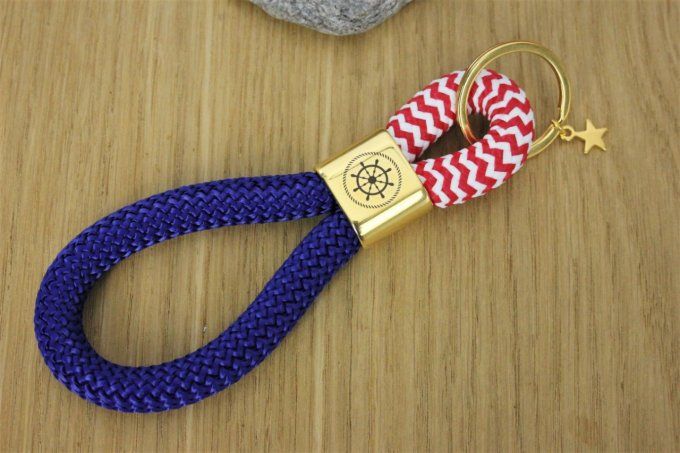 Porte clé XL bleu marine blanc et rouge doré à l'or fin