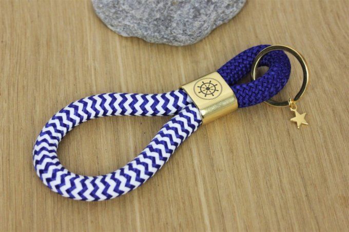 Porte clé XL bleu marine et blanc, doré à l'or fin