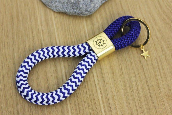 Porte clé XL bleu marine et blanc, doré à l'or fin