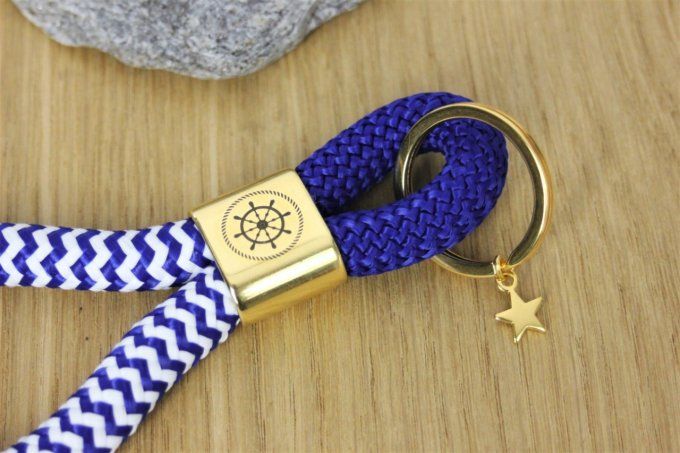 Porte clé XL bleu marine et blanc, doré à l'or fin