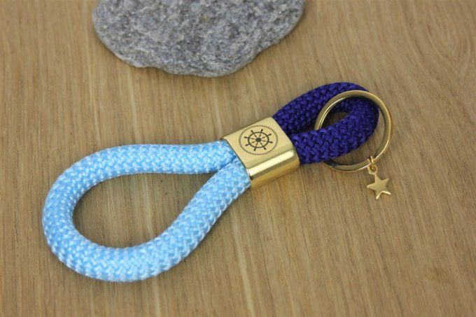 Porte clé XL bleu ciel et bleu marine, doré à l'or fin