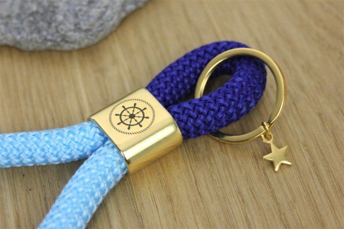 Porte clé XL bleu ciel et bleu marine, doré à l'or fin