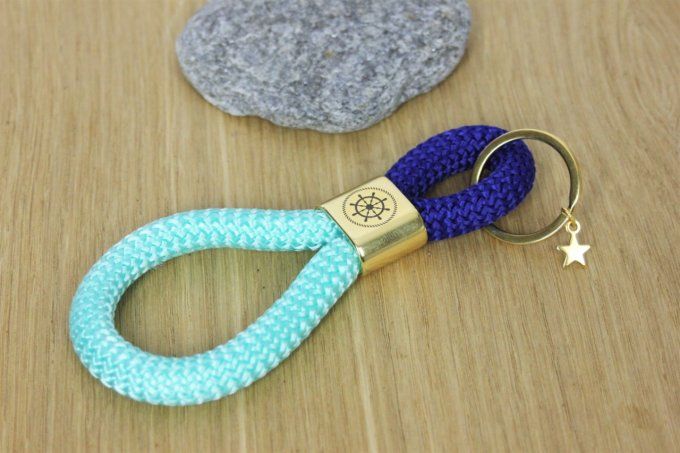 Porte clé XL vert aqua et bleu marine, doré à l'or fin