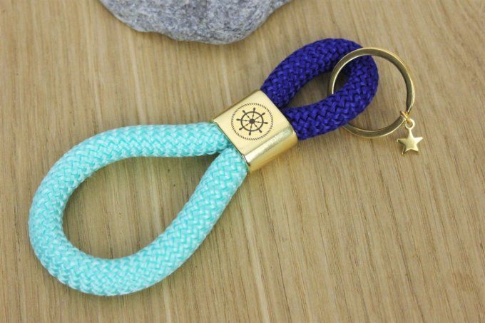 Porte clé XL vert aqua et bleu marine, doré à l'or fin