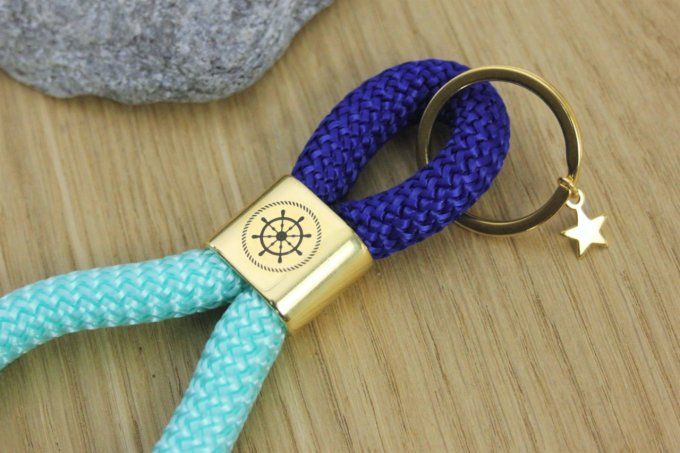 Porte clé XL vert aqua et bleu marine, doré à l'or fin