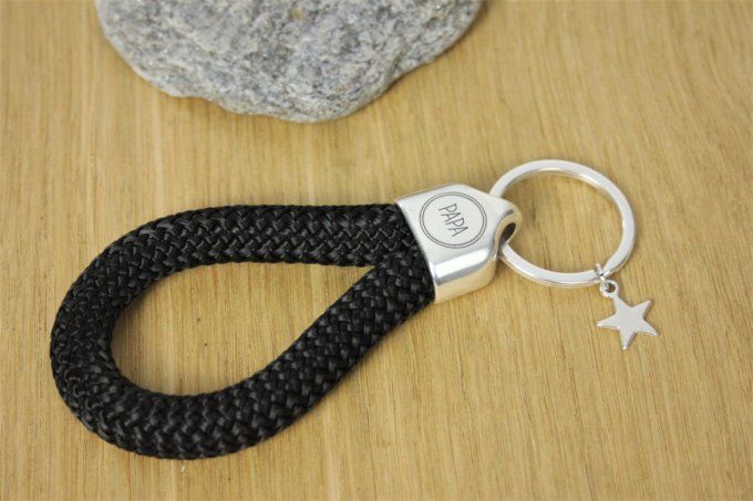 Porte clé XL en corde de voile noir et métal plaqué argent