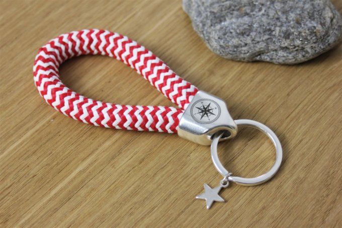 Porte clé XL en corde de voile blanc et rouge et métal plaqué argent