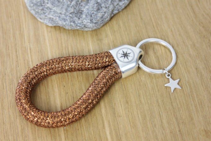 Porte clé XL en corde de voile marron cuivré et métal plaqué argent