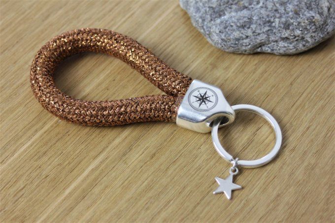 Porte clé XL en corde de voile marron cuivré et métal plaqué argent