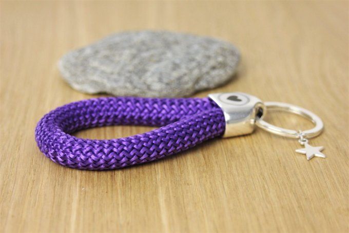 Porte clé XL en corde de voile violette et métal plaqué argent