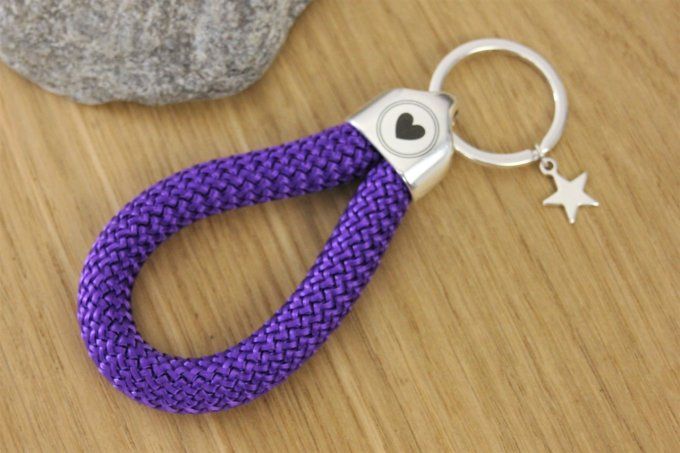 Porte clé XL en corde de voile violette et métal plaqué argent