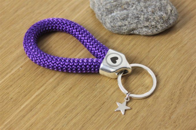 Porte clé XL en corde de voile violette et métal plaqué argent