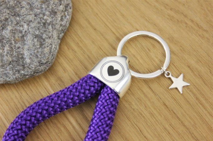 Porte clé XL en corde de voile violette et métal plaqué argent