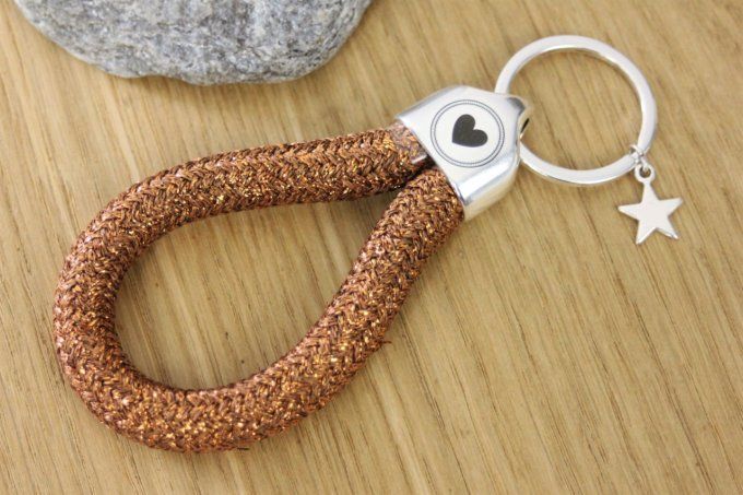 Porte clé XL en corde de voile marron cuivré et métal plaqué argent 