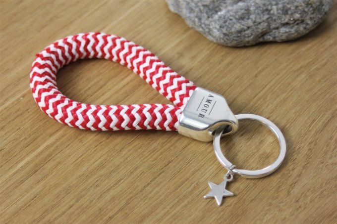 Porte clé XL en corde de voile blanc et rouge et métal plaqué argent