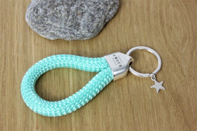 Porte clé XL en corde de voile vert aqua et métal plaqué argent