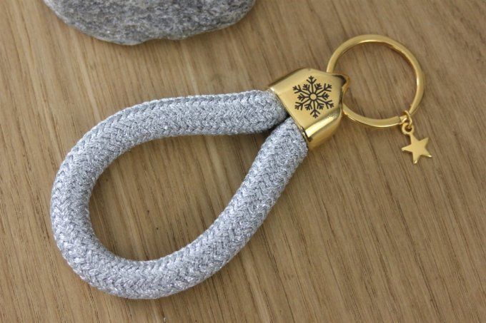 Porte clé XL en corde de voile argenté et métal doré à l'or fin