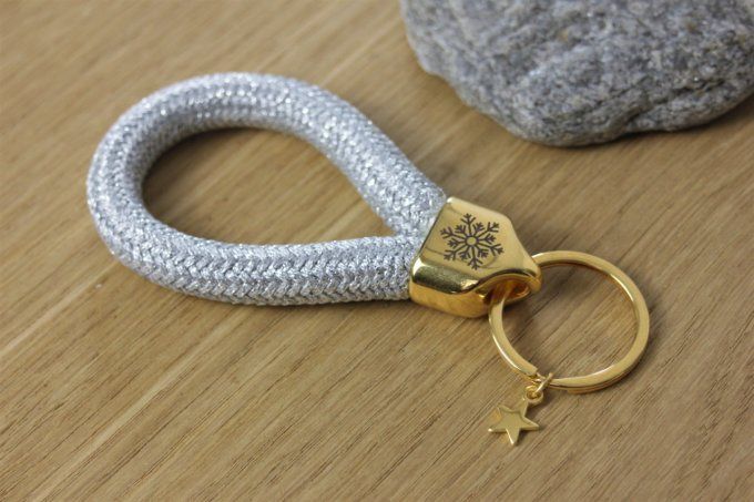 Porte clé XL en corde de voile argenté et métal doré à l'or fin