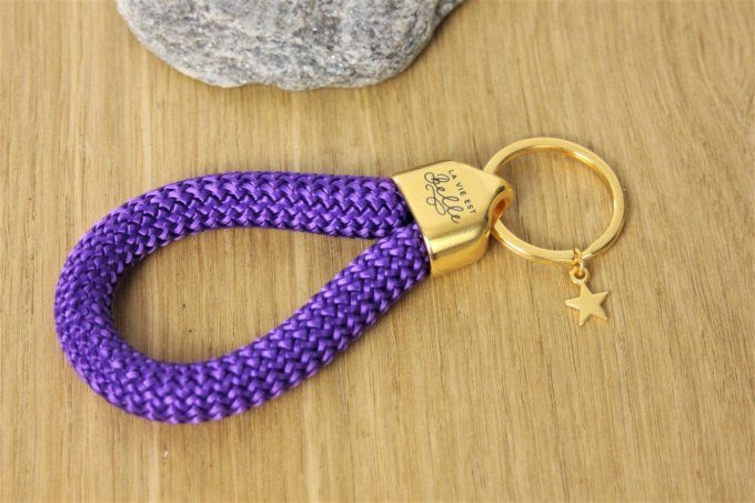 Porte clé XL en corde de voile violet et métal doré à l'or fin