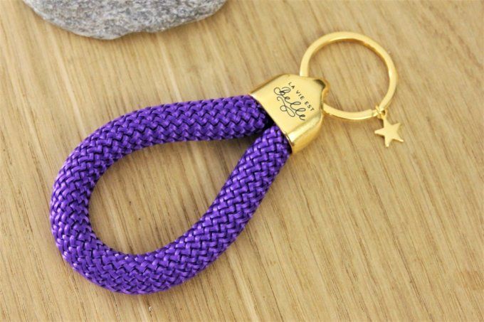 Porte clé XL en corde de voile violet et métal doré à l'or fin