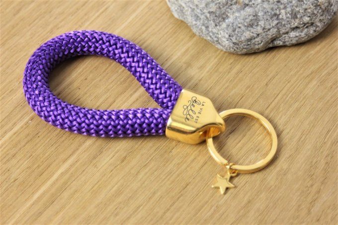 Porte clé XL en corde de voile violet et métal doré à l'or fin