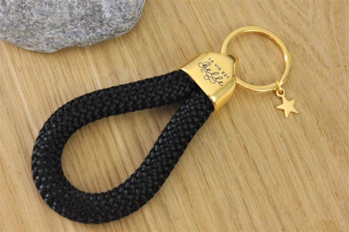Porte clé XL en corde de voile noir et métal doré à l'or fin