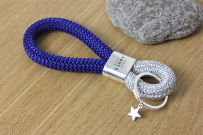 Porte clé XL argenté, bleu marine et métal plaqué argent