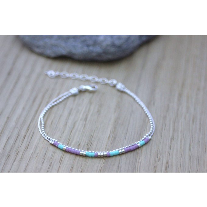 Bracelet multi-rangs en argent massif et perles Miyuki mauves et aqua