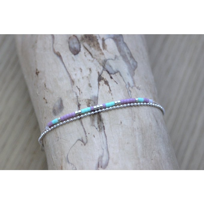 Bracelet multi-rangs en argent massif et perles Miyuki mauves et aqua