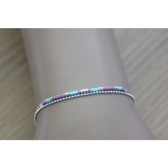 Bracelet multi-rangs en argent massif et perles Miyuki mauves et aqua