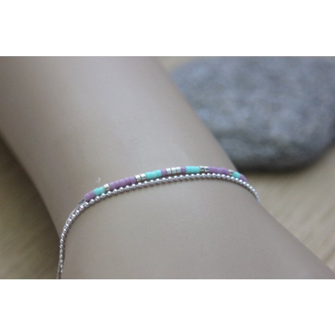 Bracelet multi-rangs en argent massif et perles Miyuki mauves et aqua