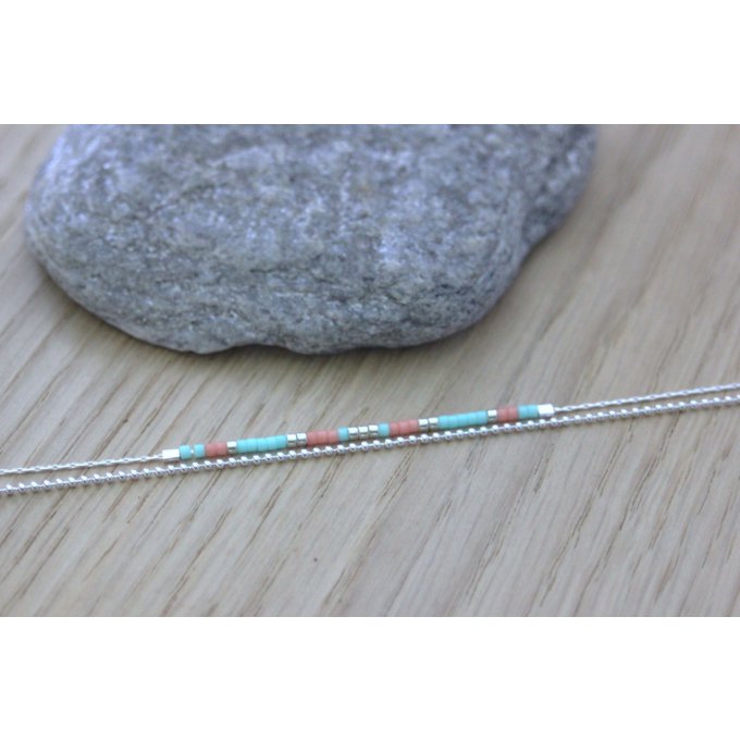 Bracelet multi-rangs en argent massif et perles Miyuki aqua et corail